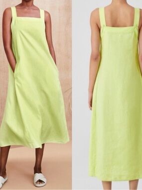 Eileen Fisher Honeydew 100% Organic Linen Sleeveless Square-Neck Midi Dress Sz M